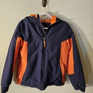 LL Bean fleece lined water resistant coat. Navy & Orange Hooded Boys 14
